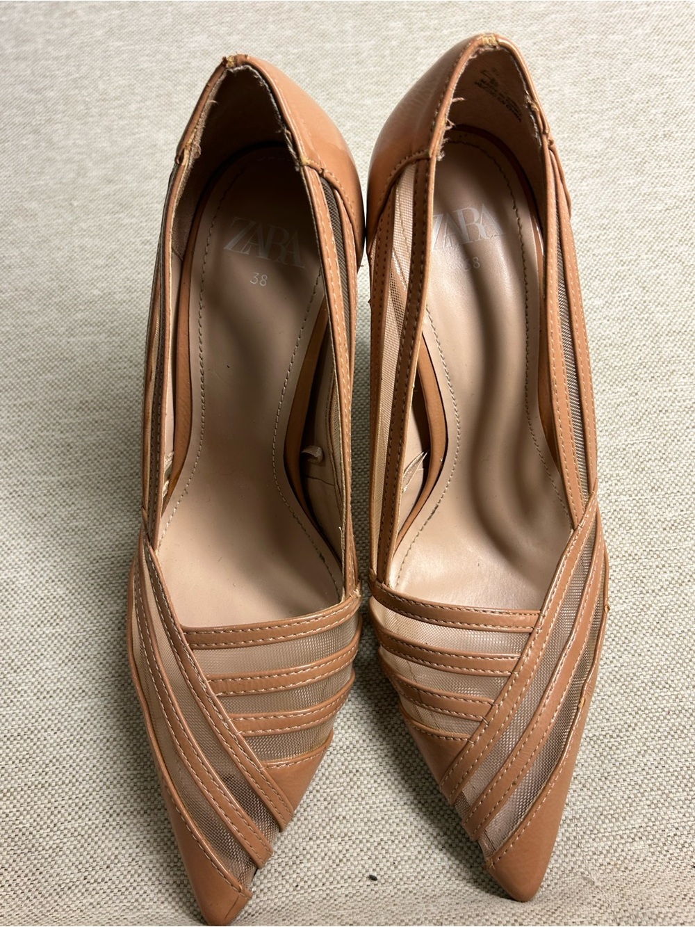 Zara Nude/Tan Strappy Pointed-Toe Leather Heels
